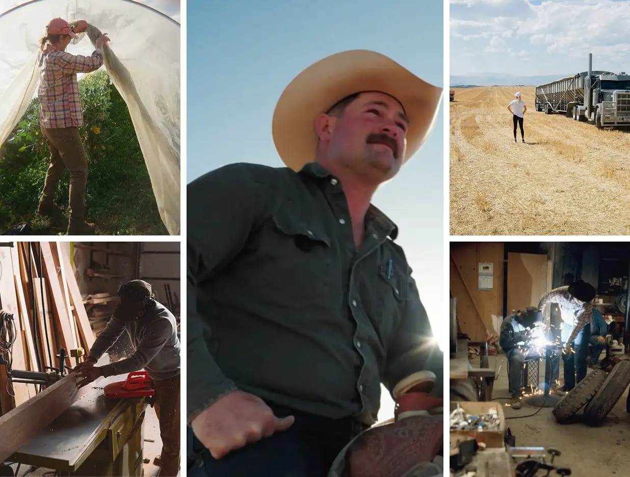 Collage of American business owners at work: a construction crew framing a building, a farmer walking through an open field, ranchers working cattle, and a family on their land